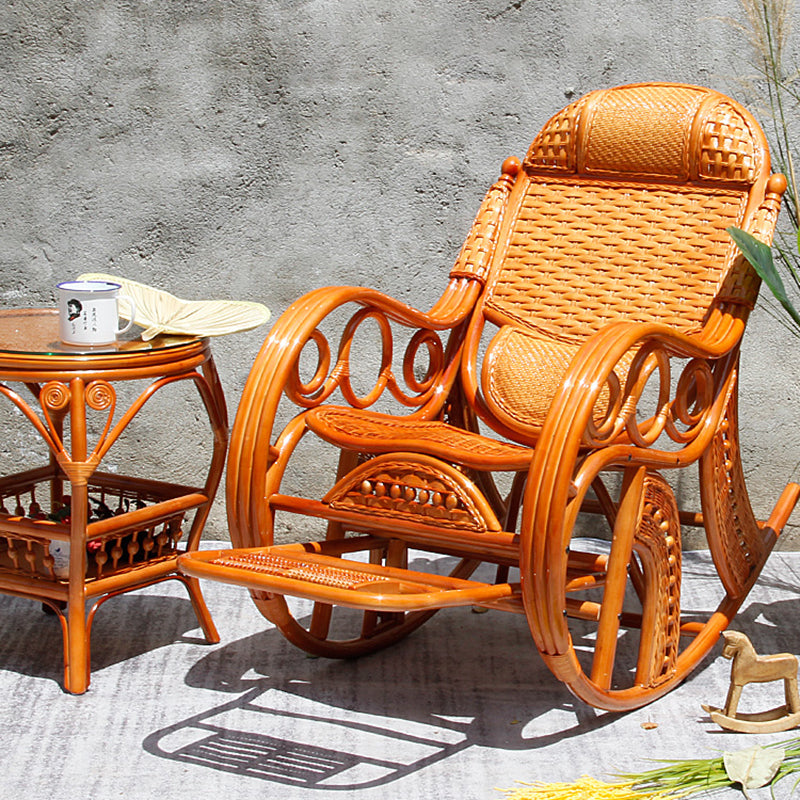 Traditional Rocking Chair Rattan Spindle Backrest Built-in Armrest Indoor Rocking Chair