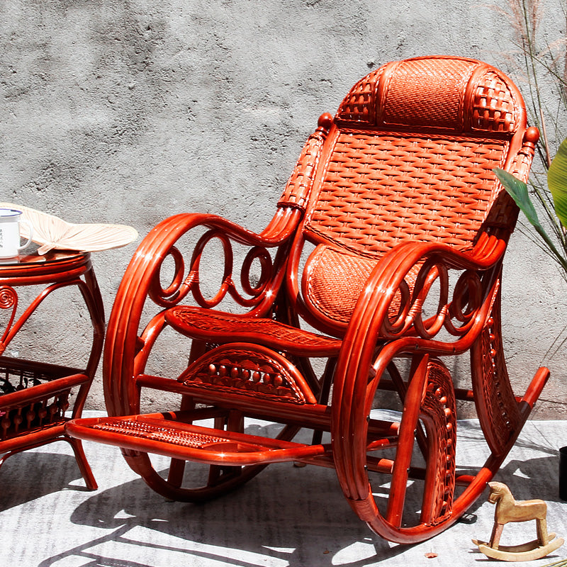 Traditional Rocking Chair Rattan Spindle Backrest Built-in Armrest Indoor Rocking Chair