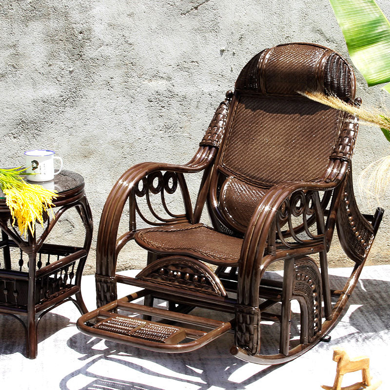 Traditional Rocking Chair Rattan Spindle Backrest Built-in Armrest Indoor Rocking Chair