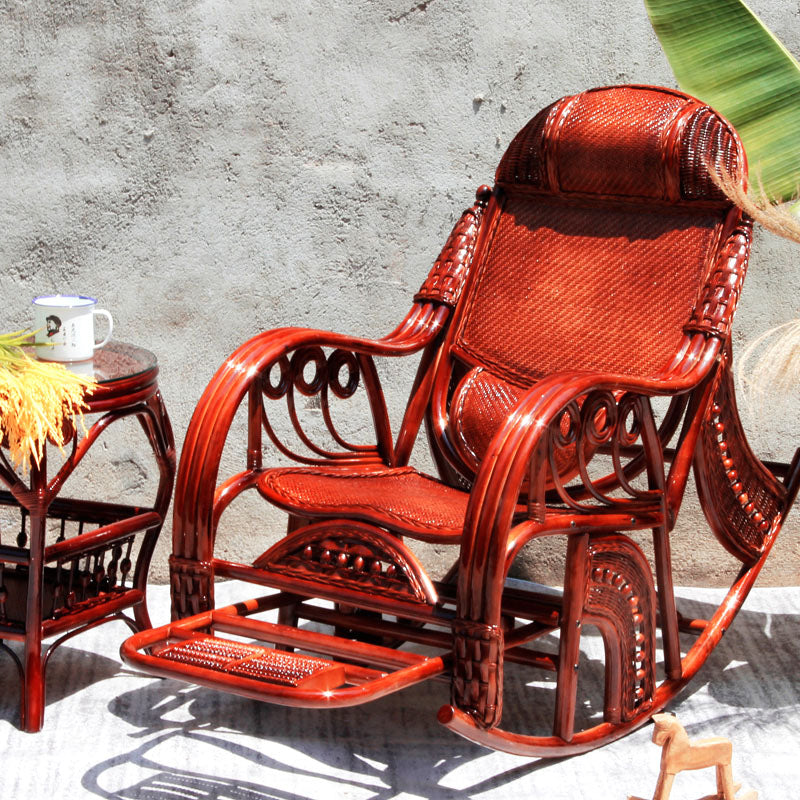 Traditional Rocking Chair Rattan Spindle Backrest Built-in Armrest Indoor Rocking Chair