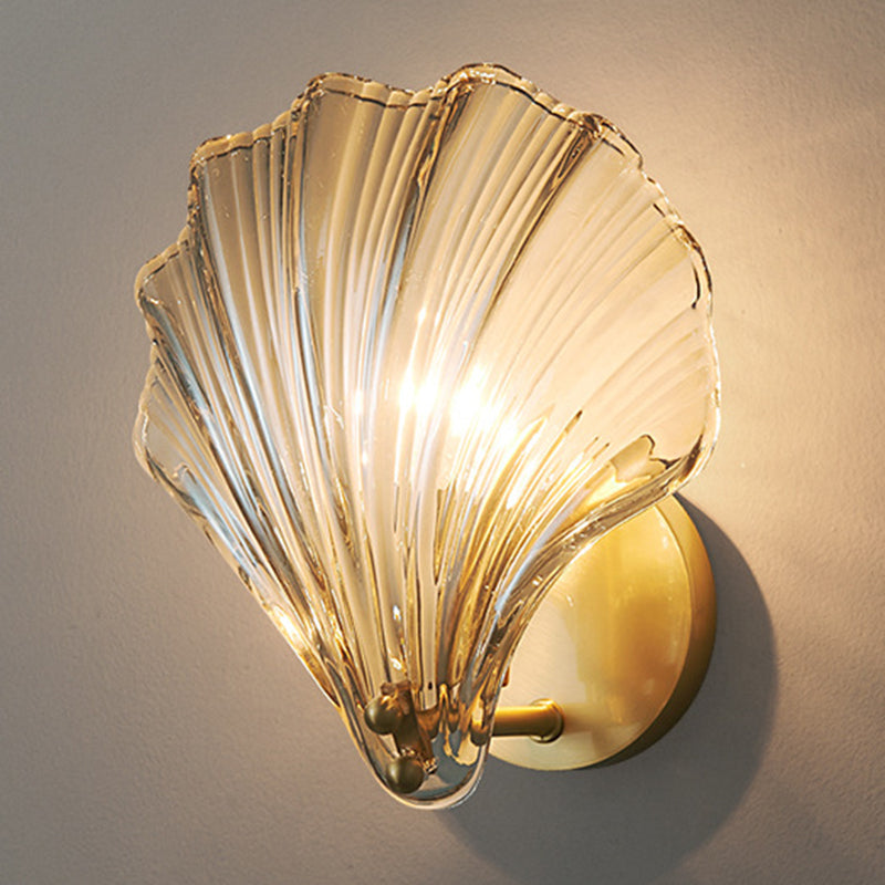 Solid Brass and Glass Wall Sconce 1 - Light Shell Shape Wall Light in Gold