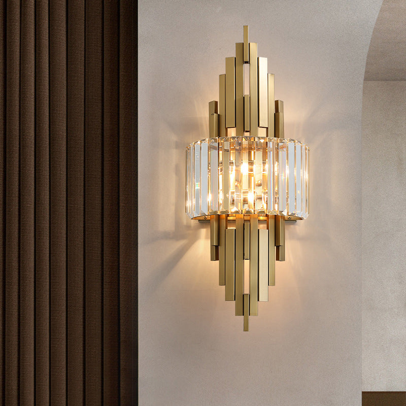 2 Light Metal and Crystal Wall Sconce Brass and Clear Wall Mounted Fixture