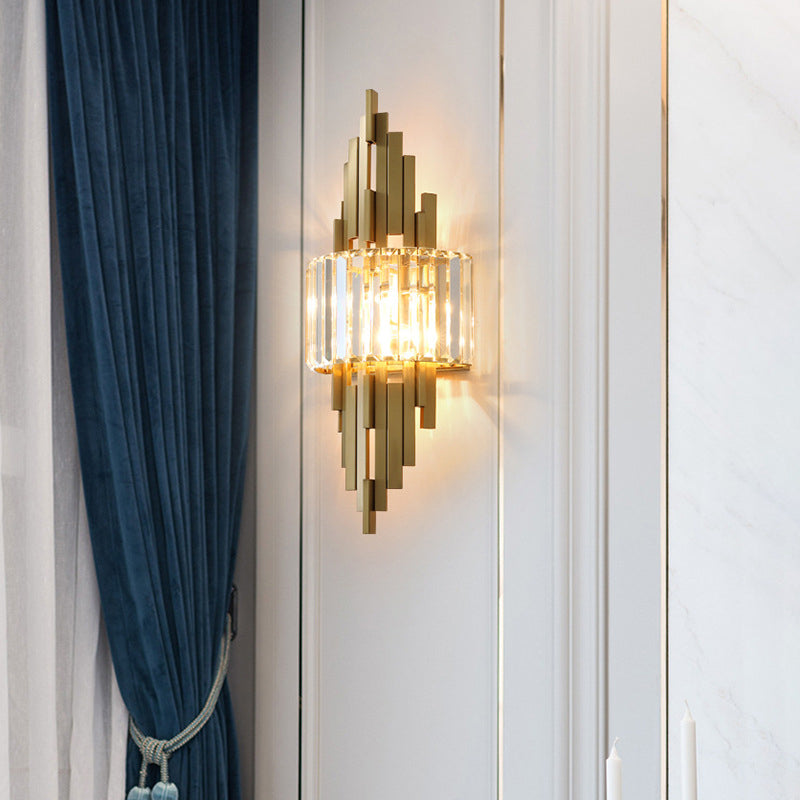 2 Light Metal and Crystal Wall Sconce Brass and Clear Wall Mounted Fixture