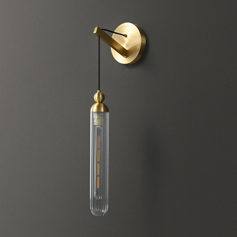 Black / Gold 1 - Light Wall Light Glass Tube Shade Solid Brass Wall Sconce
