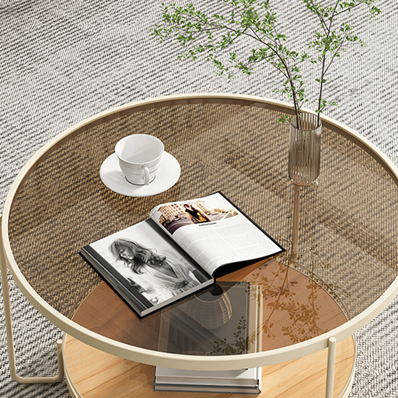 Round Glass Top Coffee Table 17.7" H Iron 3 Legs Cocktail Table with Shelf