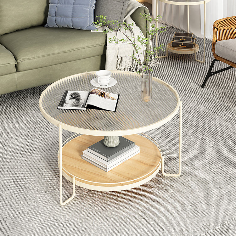 Round Glass Top Coffee Table 17.7" H Iron 3 Legs Cocktail Table with Shelf
