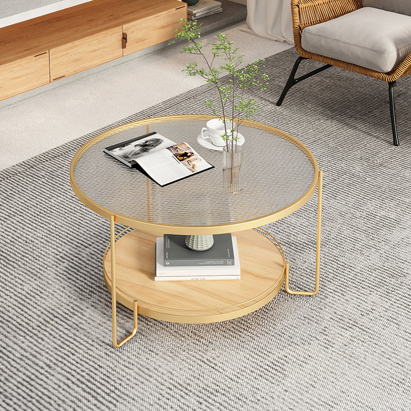 Round Glass Top Coffee Table 17.7" H Iron 3 Legs Cocktail Table with Shelf