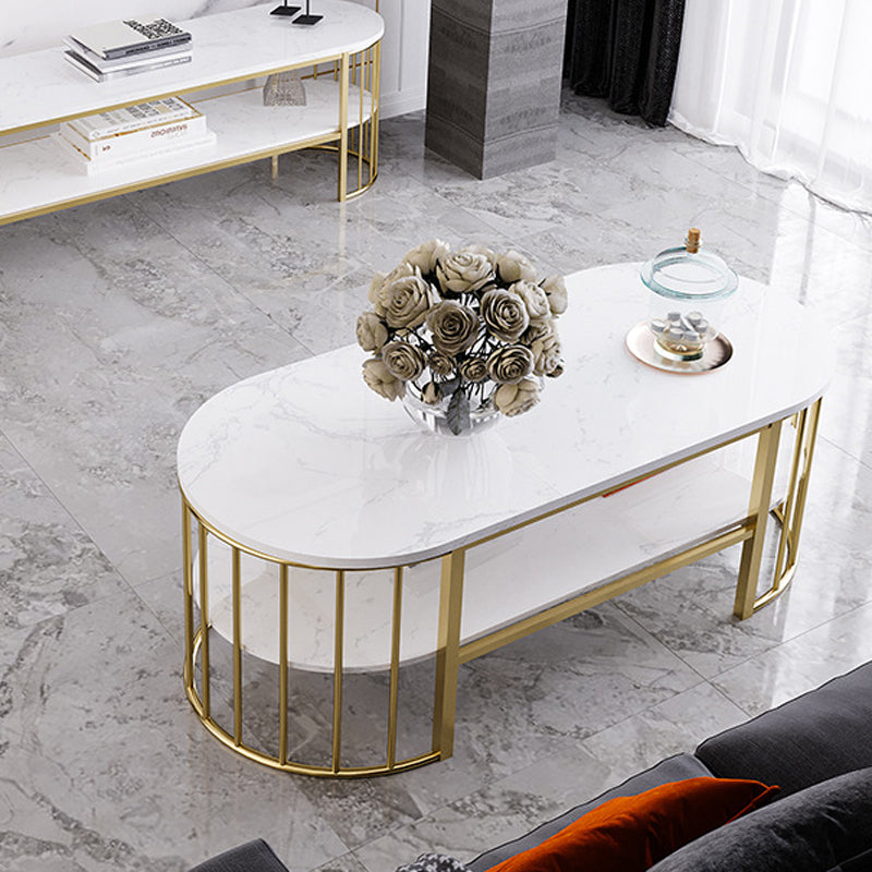 Glam Style Oval Coffee Table with Marble Top and 1 Shelf in White