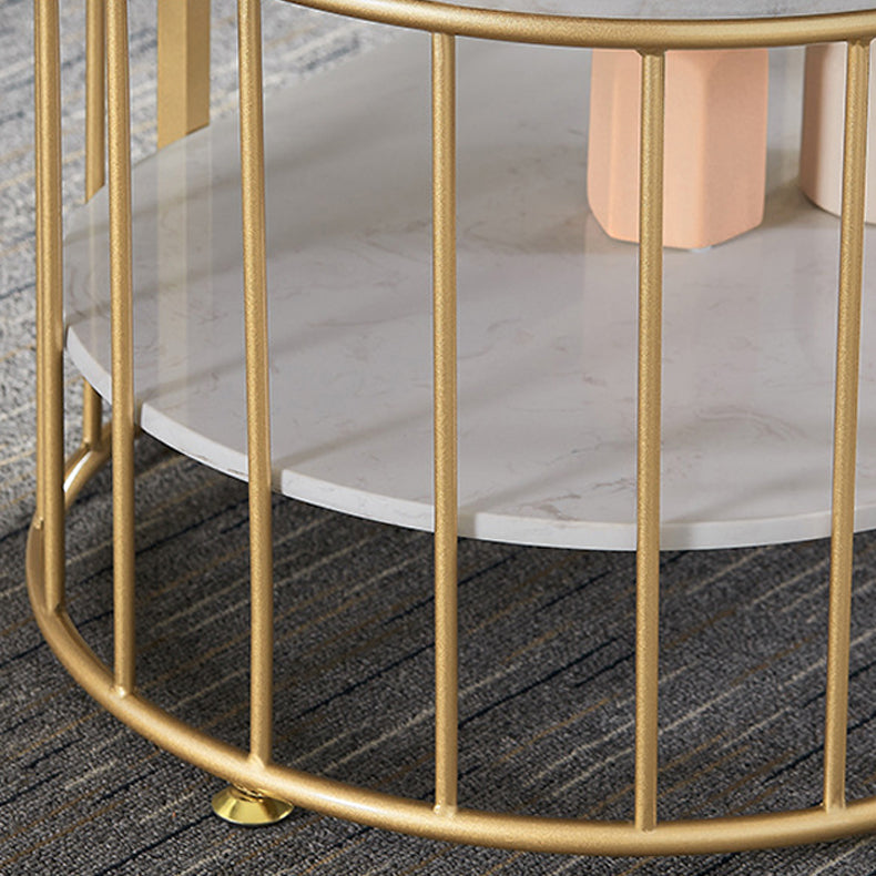 Glam Style Oval Coffee Table with Marble Top and 1 Shelf in White