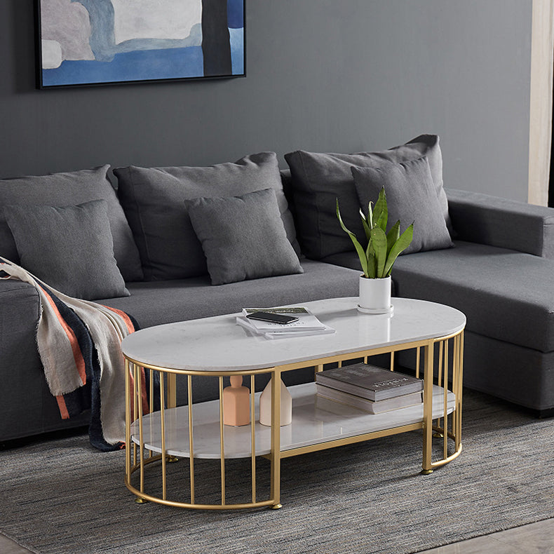 Glam Style Oval Coffee Table with Marble Top and 1 Shelf in White