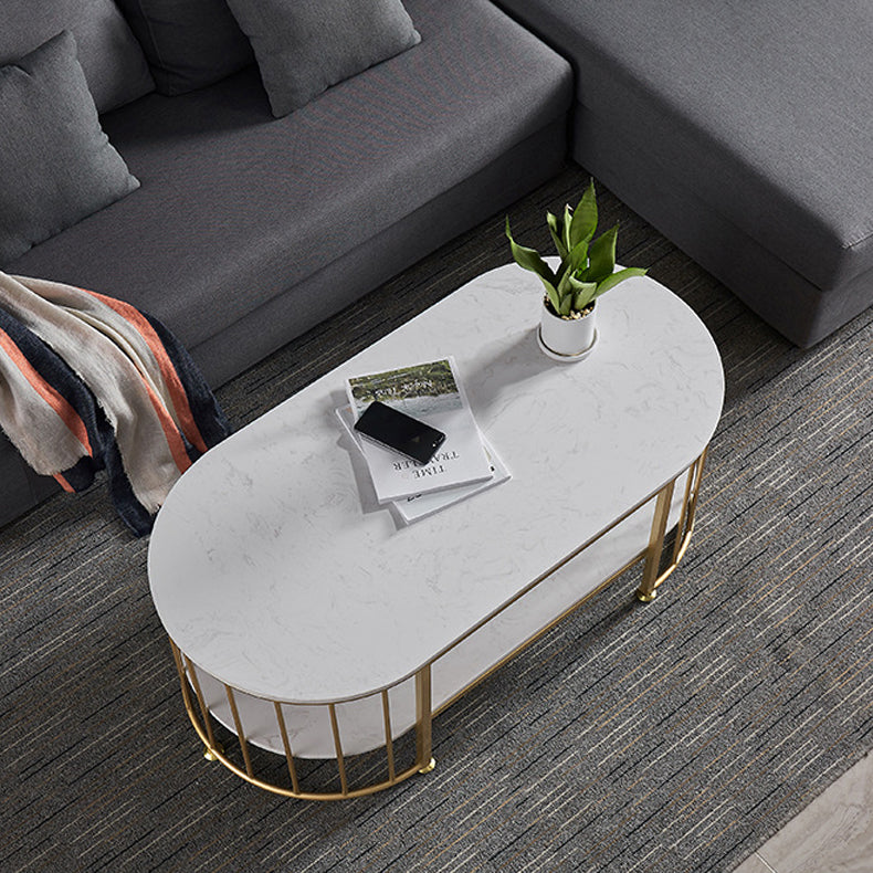 Glam Style Oval Coffee Table with Marble Top and 1 Shelf in White