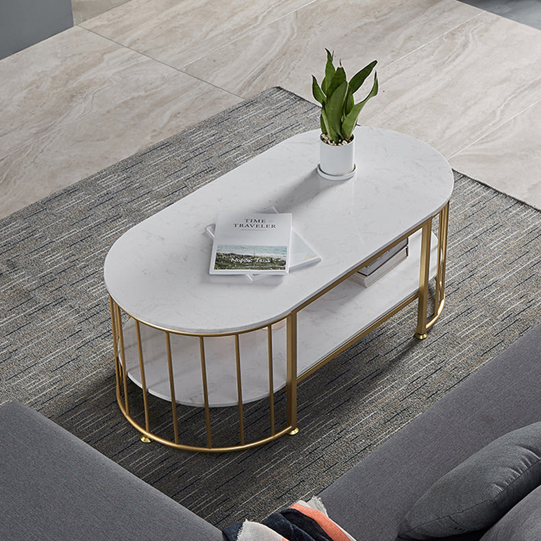 Glam Style Oval Coffee Table with Marble Top and 1 Shelf in White