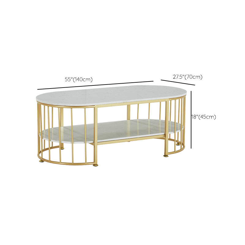 Glam Style Oval Coffee Table with Marble Top and 1 Shelf in White