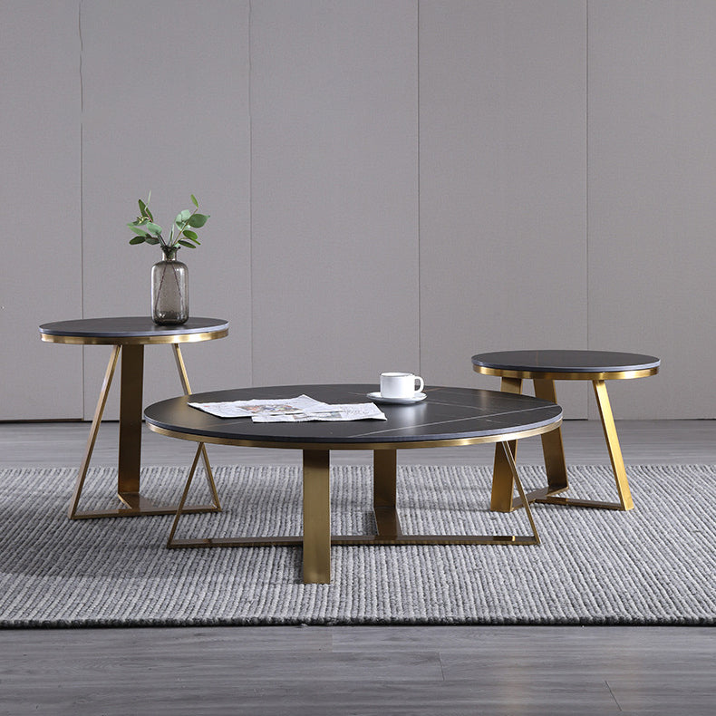 Black Round Slate Coffee Table Luxurious Steel Frame Cocktail Table