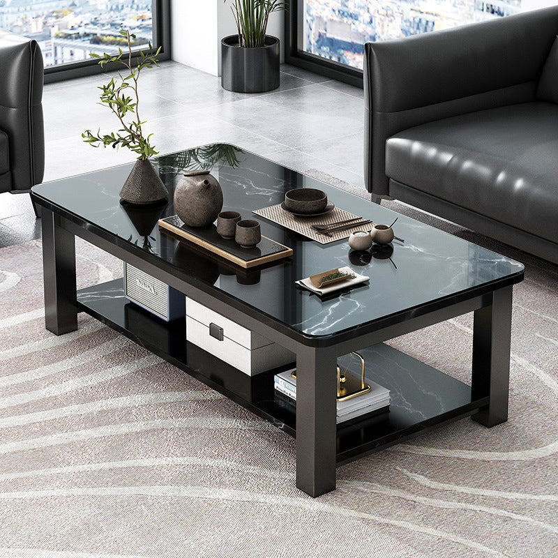 Rectangular Glass 4 Legs Coffee Cocktail Table with Storage Shelf
