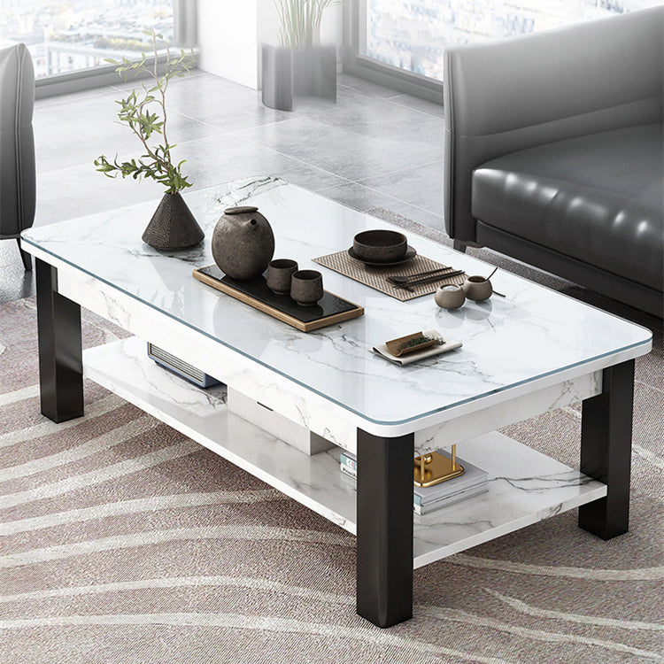 Rectangular Glass 4 Legs Coffee Cocktail Table with Storage Shelf