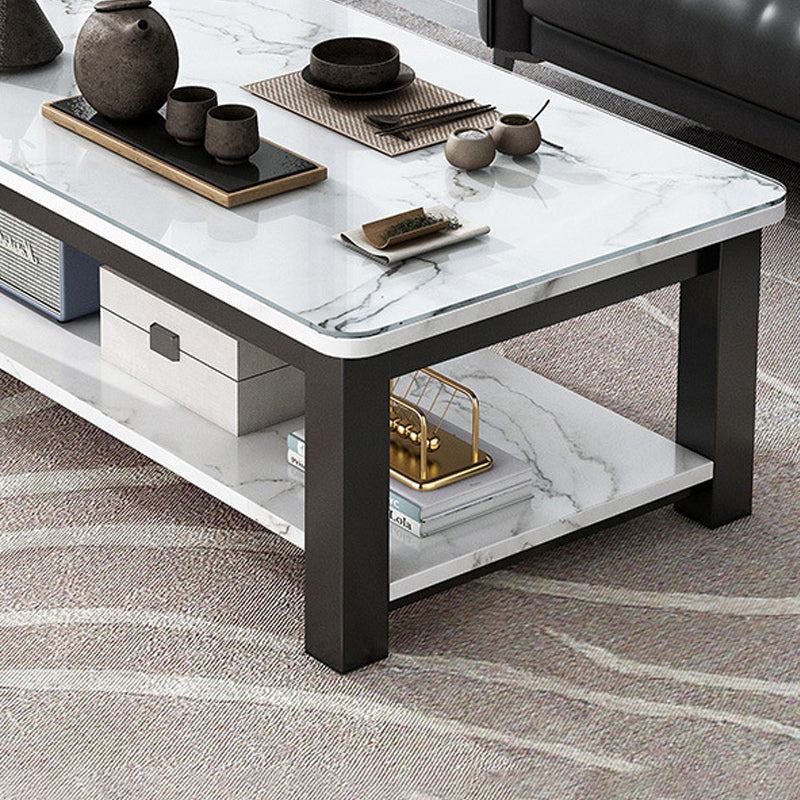 Rectangular Glass 4 Legs Coffee Cocktail Table with Storage Shelf