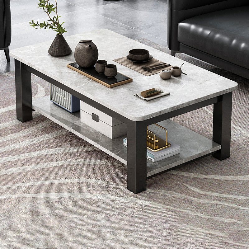 Rectangular Glass 4 Legs Coffee Cocktail Table with Storage Shelf