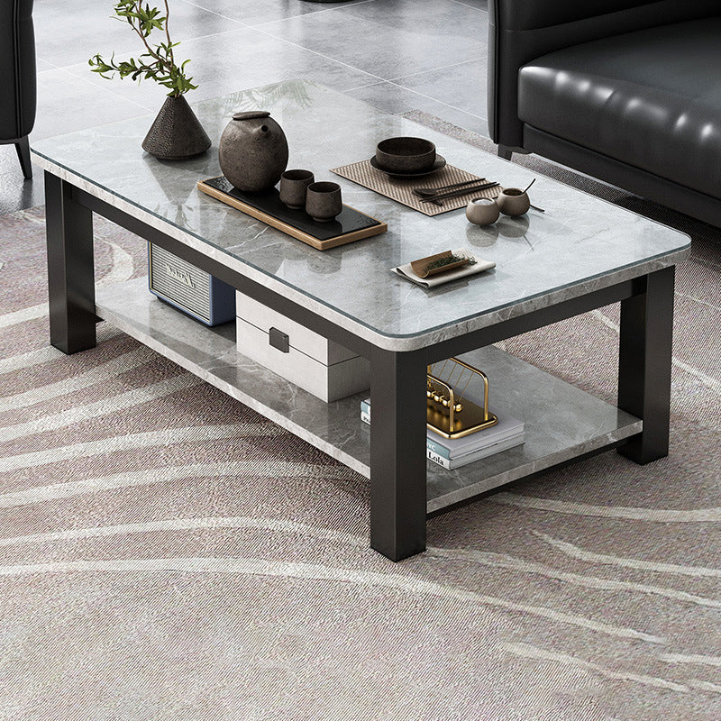 Rectangular Glass 4 Legs Coffee Cocktail Table with Storage Shelf