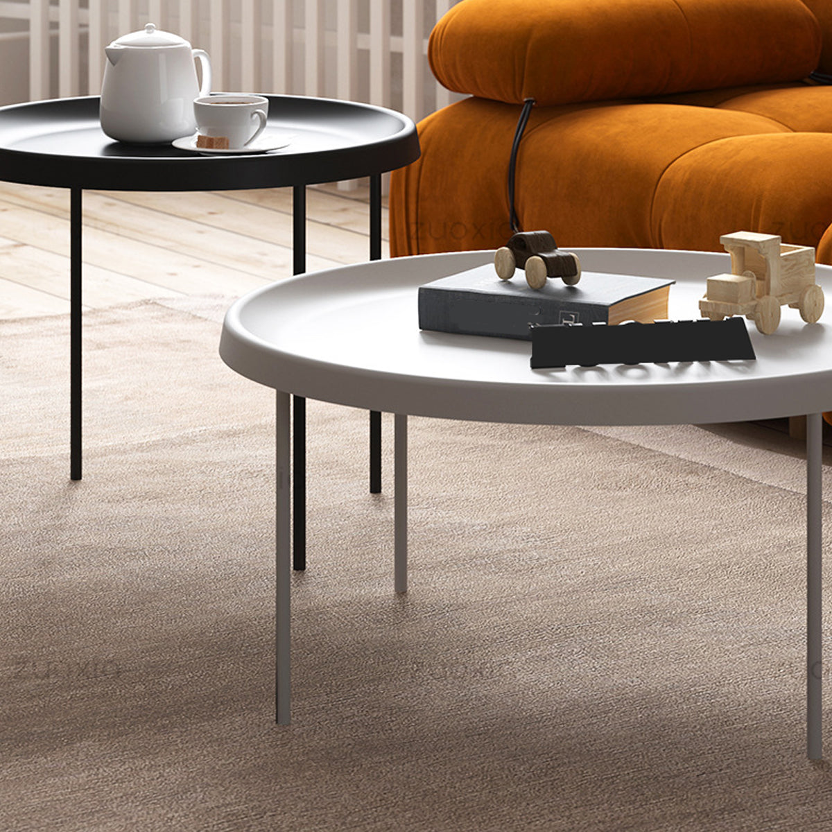 Mid-century Modern Steel Round Tray Top Coffee Table 4 Legs Cocktail Table