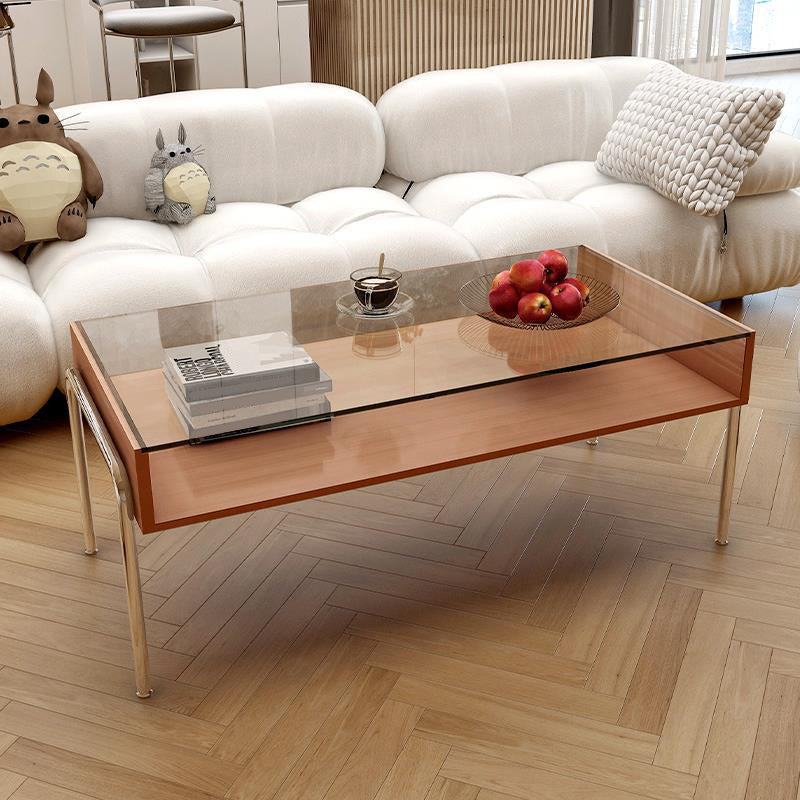 Contemporary Glass Top Coffee Table in Rectangle with 1 Shelf and 4 Legs