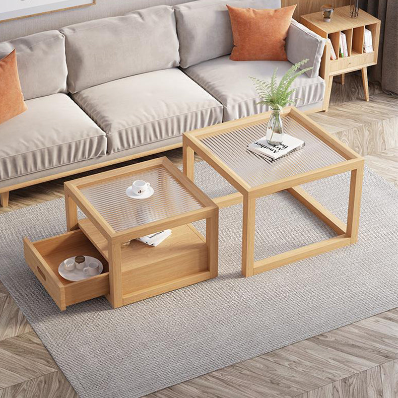 Contemporary Rectangle Coffee Table with Glass Top and Pine Wood Base