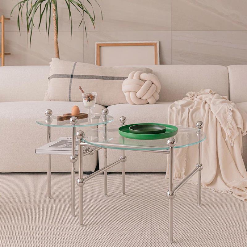 Contemporary Round Coffee Table with Glass Top and Steel Legs in Clear