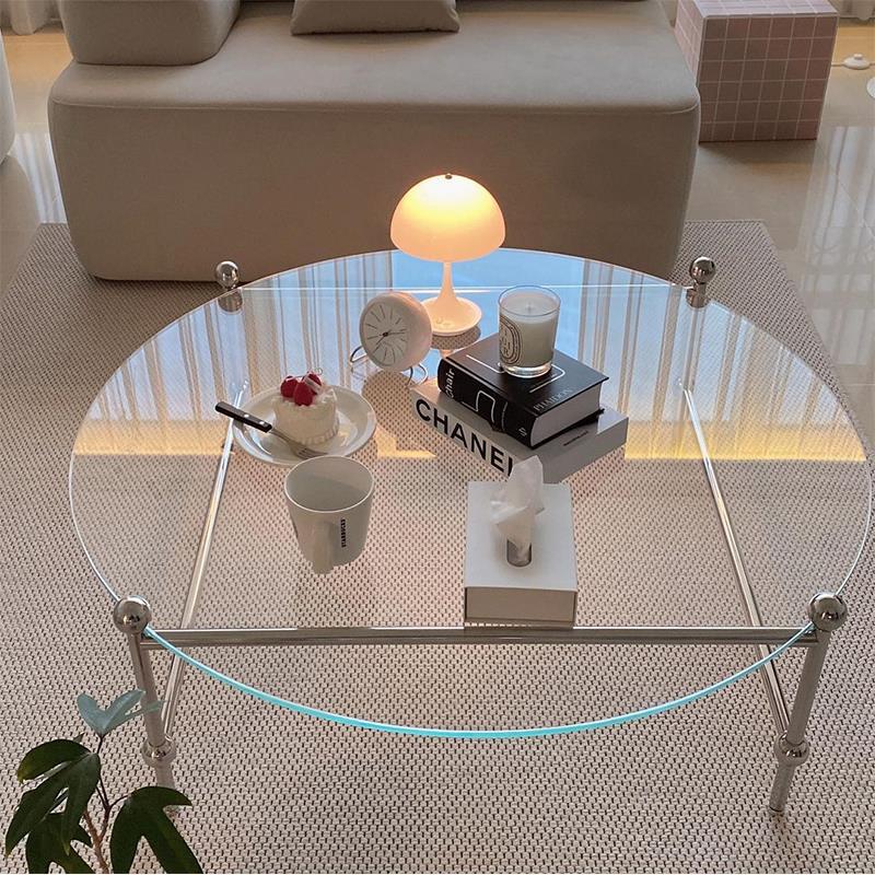Contemporary Round Coffee Table with Glass Top and Steel Legs in Clear