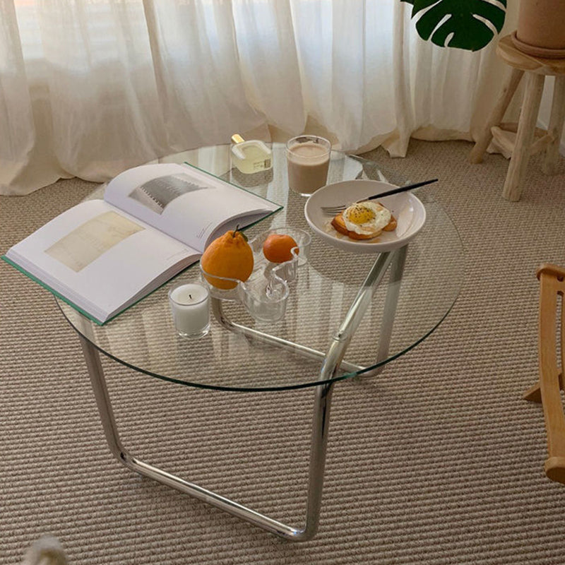 Round Clear Glass Cocktail Table Modern Steel Sled Coffee Table