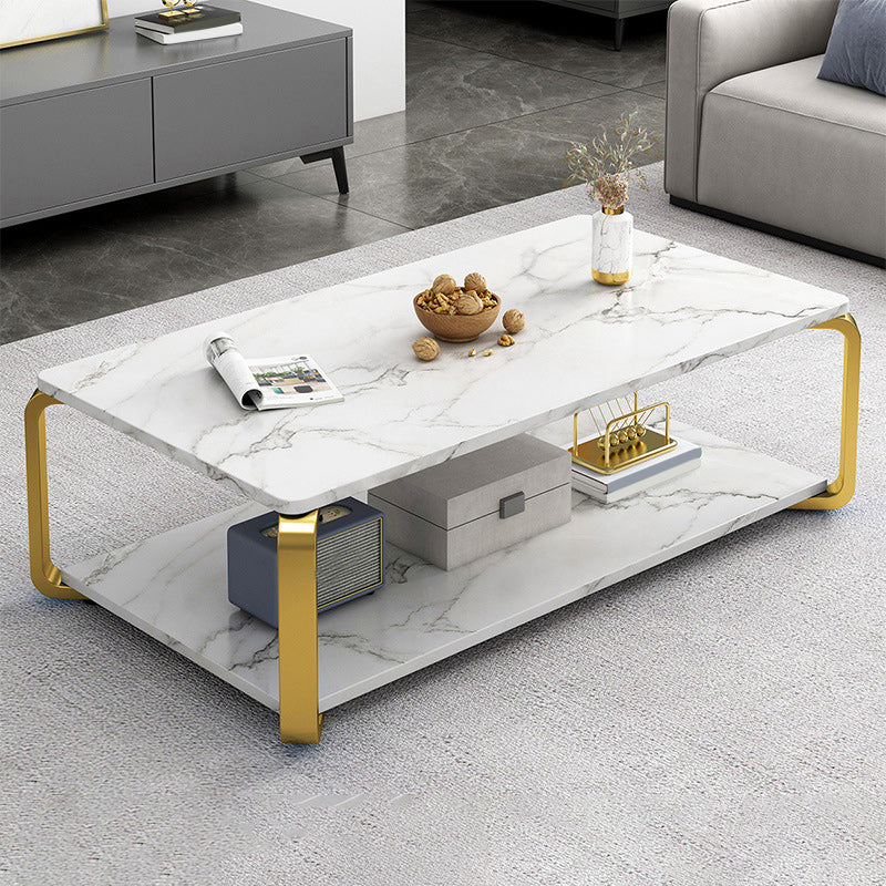 Modern Wooden Rectangular Top Coffee Table Steel 4 Legs Cocktail Table with Shelf