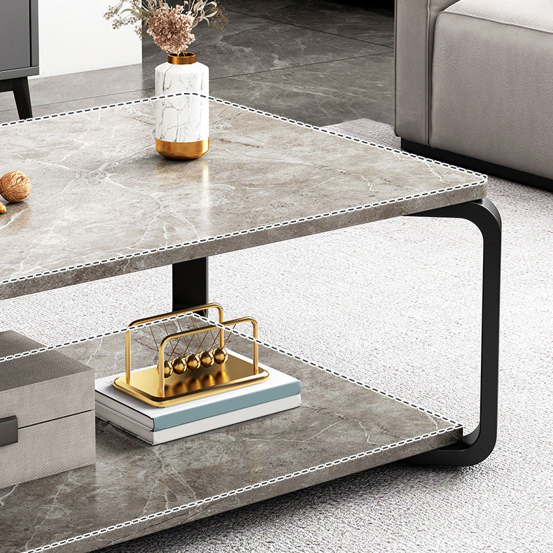 Modern Wooden Rectangular Top Coffee Table Steel 4 Legs Cocktail Table with Shelf