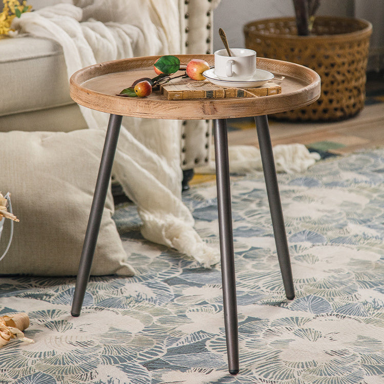 19.68" Tall Solid Wood Round Tray Top End Table Iron 3 Legs Side Table