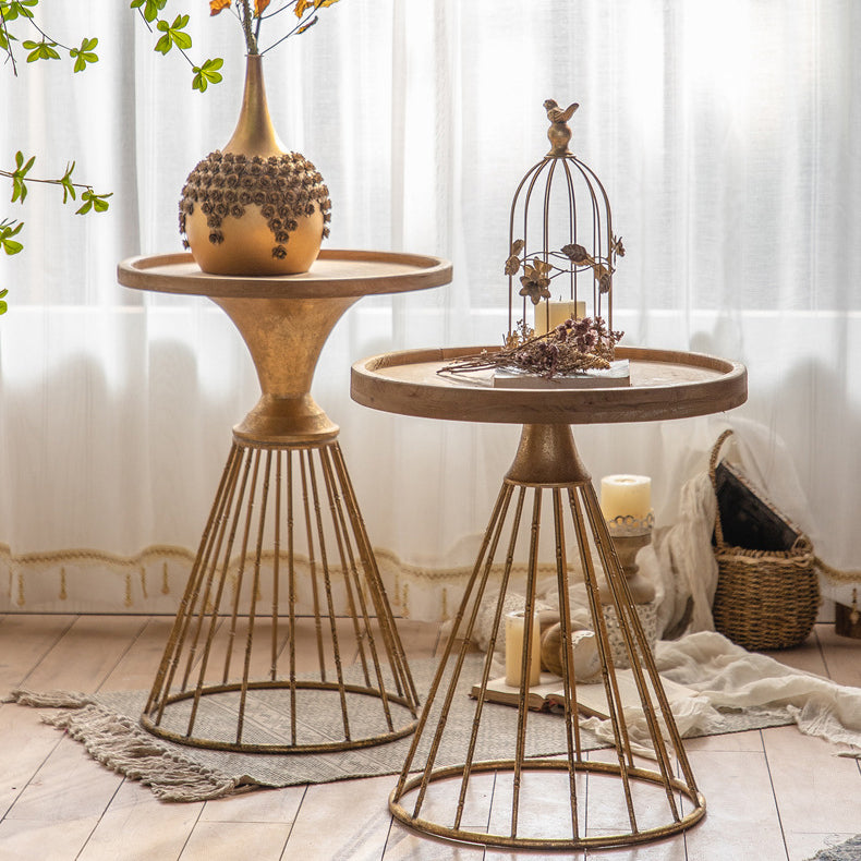 Round Tray Top Side Table Iron Pedestal End Table - Distressed Surface Treatment