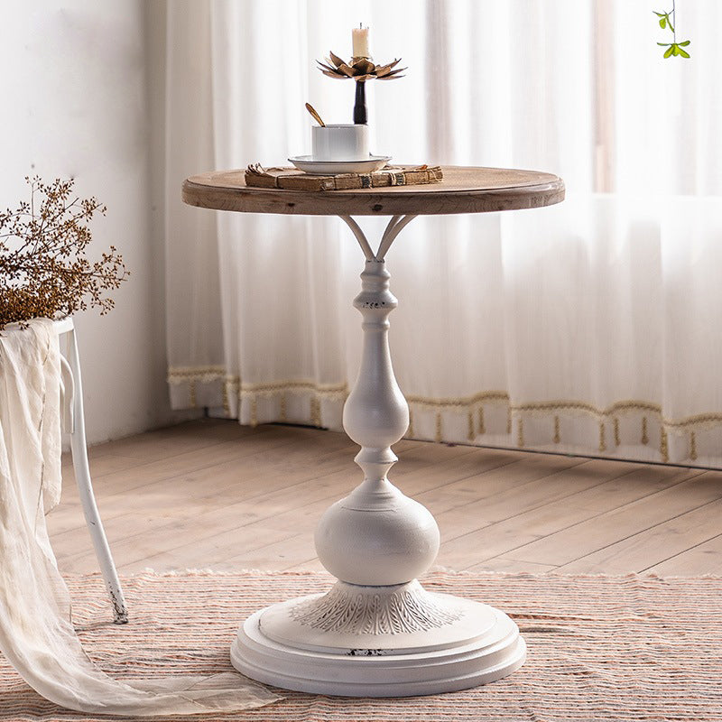 Wood Round Top Side Table Distressed Iron Pedestal End Table