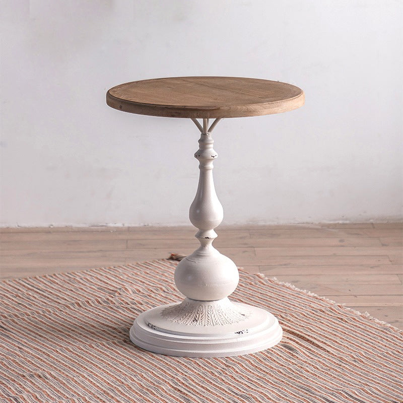 Wood Round Top Side Table Distressed Iron Pedestal End Table