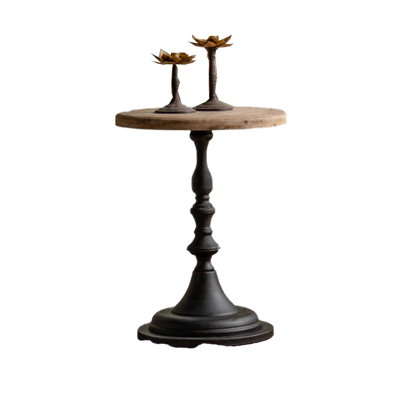 Wood Round Top Side Table Distressed Iron Pedestal End Table