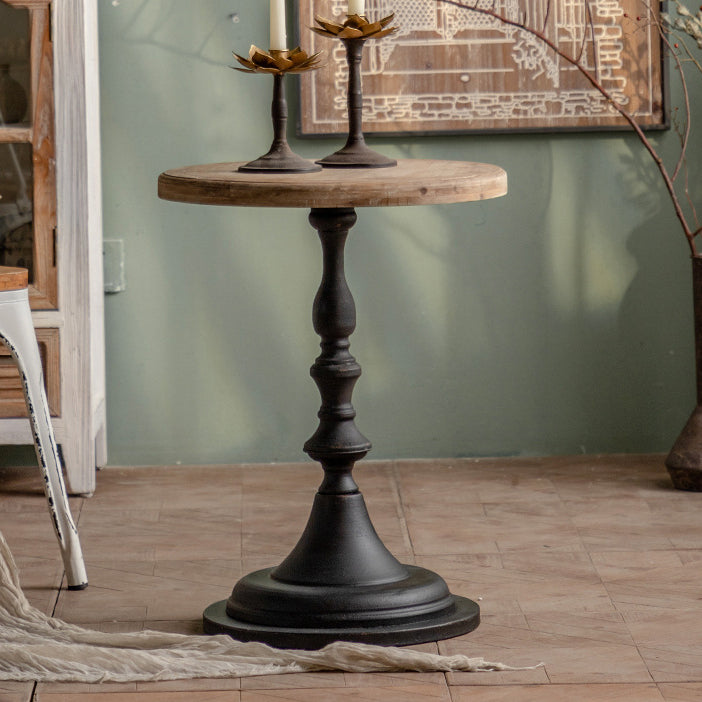 Wood Round Top Side Table Distressed Iron Pedestal End Table