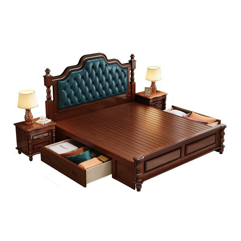 Victorian Espresso Standard Bed Solid Wood Bed Frame with Upholstered Headboard