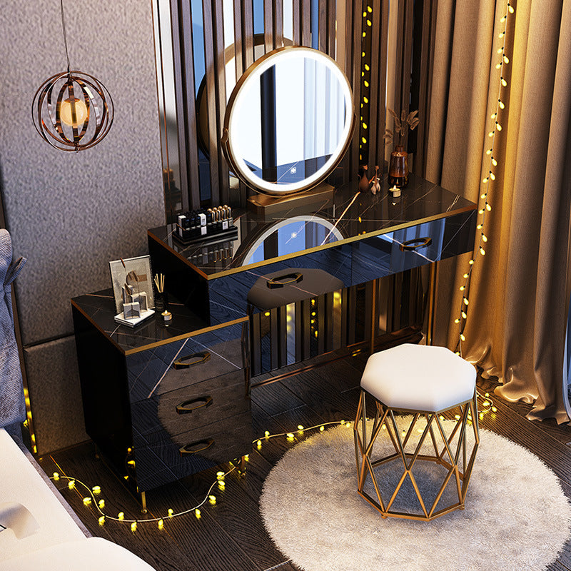 Glam Stone Top Makeup Dressing Table with Drawers in Black for Living Room