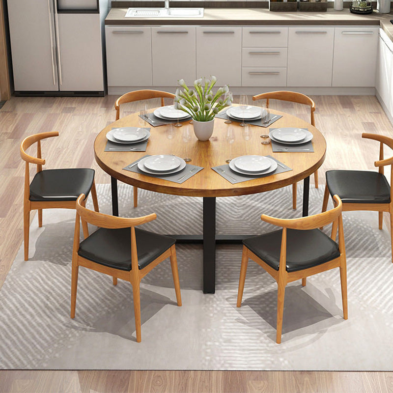 Modern Round Dining Table for Home Brown Solid Wood Table with Metal Base