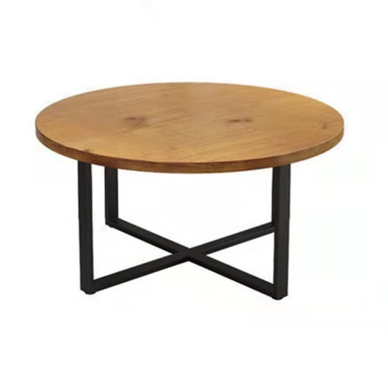 Modern Round Dining Table for Home Brown Solid Wood Table with Metal Base