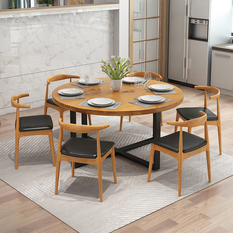 Modern Round Dining Table for Home Brown Solid Wood Table with Metal Base