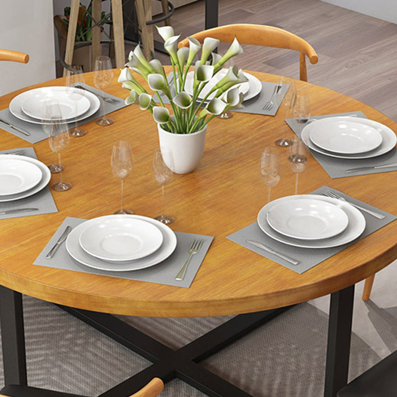 Modern Round Dining Table for Home Brown Solid Wood Table with Metal Base