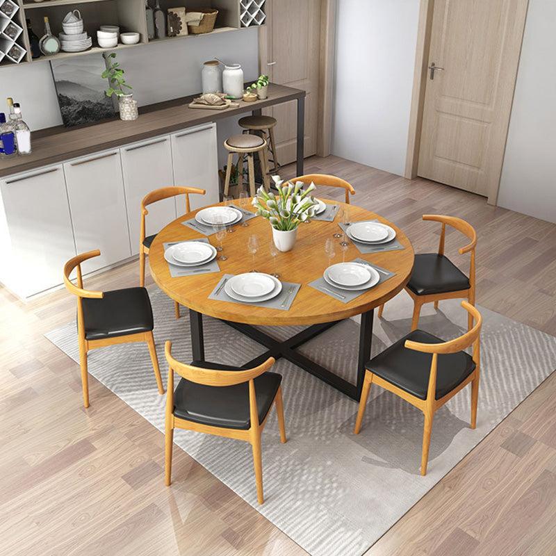 Modern Round Dining Table for Home Brown Solid Wood Table with Metal Base