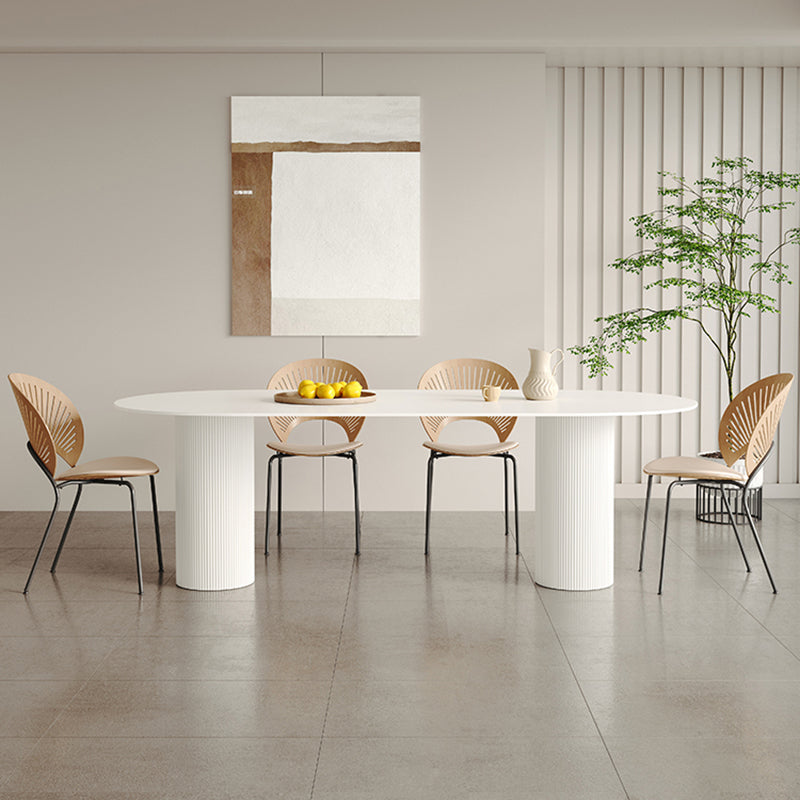 White Oval Dining Table Stone Top Dining Table with Double Pedestal