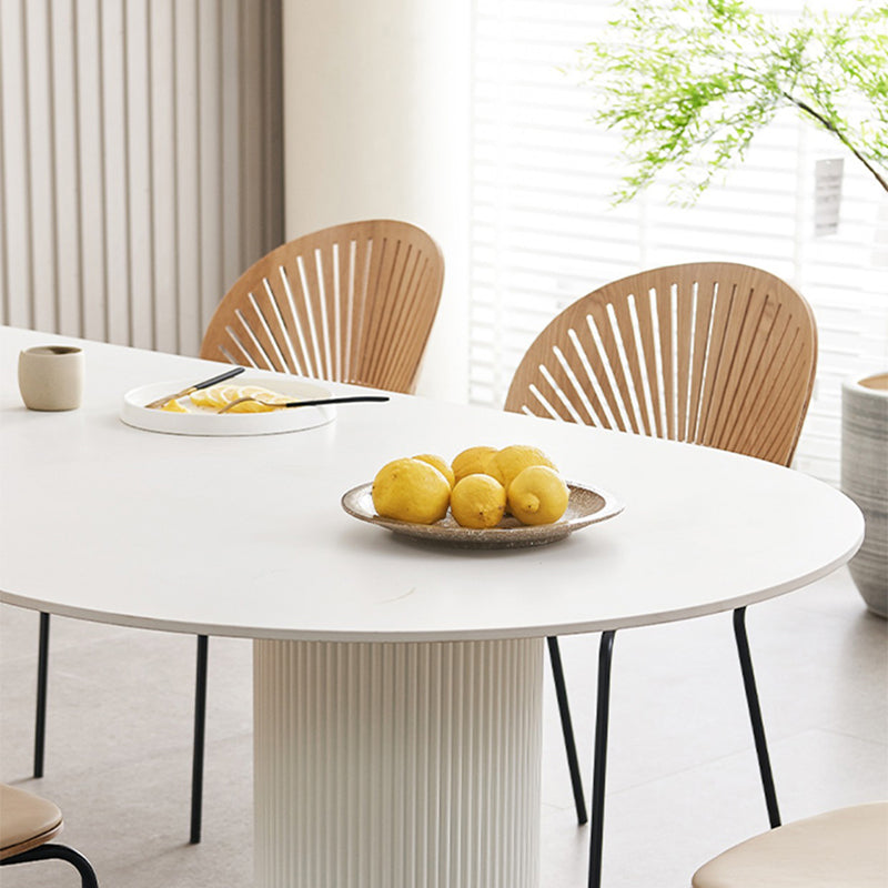 White Oval Dining Table Stone Top Dining Table with Double Pedestal