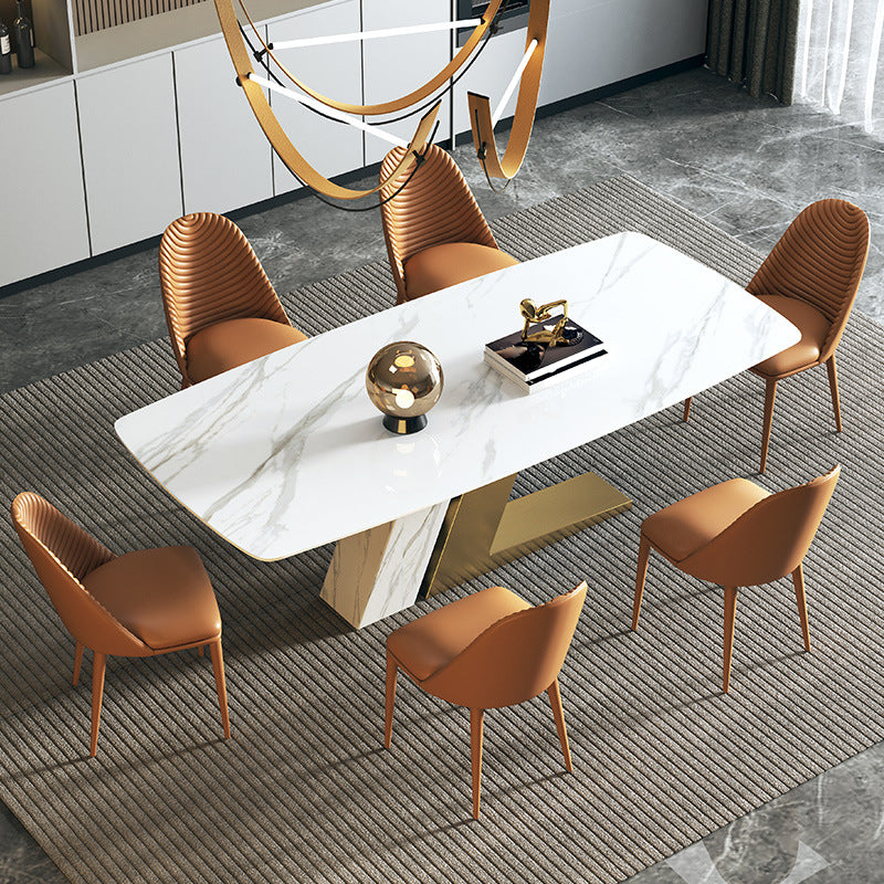 Glam Style Rectangle Table Sintered Stone Table with Metal Legs for Kitchen