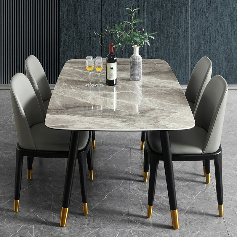 Mid-Century Modern Rectangle Dining Table Stone Top and Solid Wood Legs Dining Table