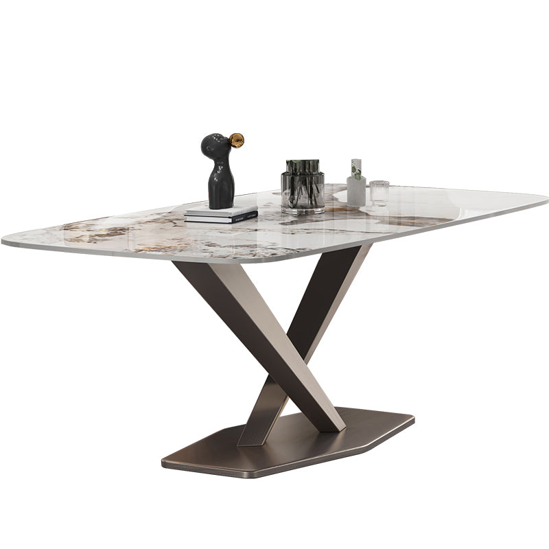 Modern Sintered Stone Dining Table Rectangle Table with Metal Pedestal Base