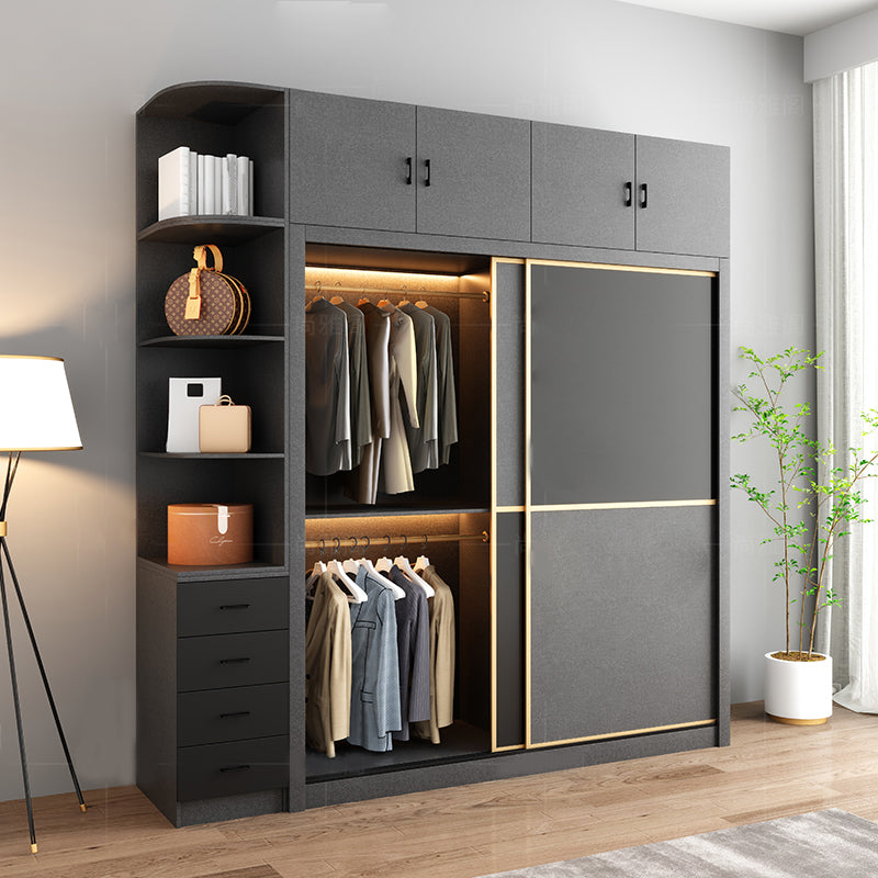 Manufactured Wood Grey Cabinet with Clothes Rail Modern Wardrobe with Sliding Doors
